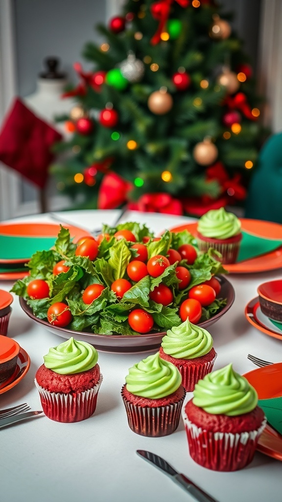 A festive Christmas table with red and green dishes, including a salad and red velvet cupcakes.